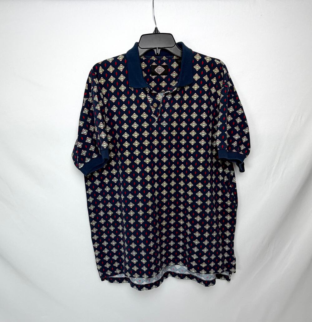Vintage 90s Tabasco Sportswear Polo Shirt Large AOP Logo Chili Pepper Navy